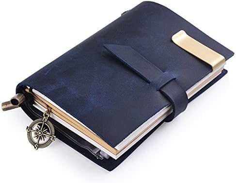 Classic Genuine Leather Notebook,Refillable Pages Leather Journal for Gifts,Fountain Pen Users,Diary,Handmade Personalized Traveler's Writing Notebook,Graduation Gifts (Blue)