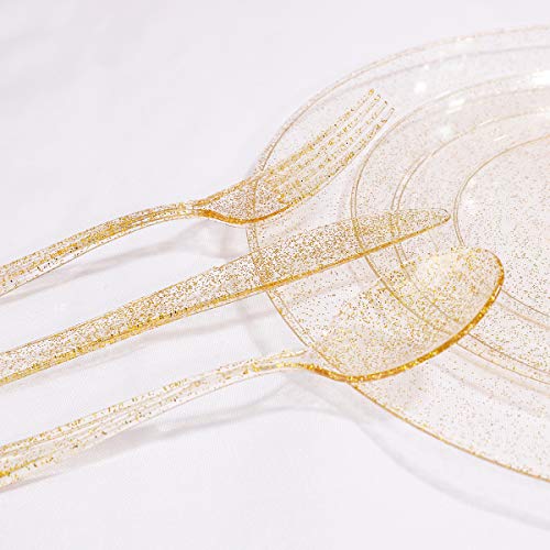WELLIFE 300PCS Gold Glitter Plastic Plates, Disposable Gold Glitter