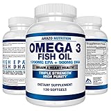 Omega 3 Fish Oil 2250mg - High EPA 1200MG + DHA 900MG Triple Strength Burpless Capsules - Arazo Nutrition (120 Count)