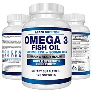 Omega 3 Fish Oil 4,080mg - High EPA 1200mg + DHA 900mg Triple Strength Burpless Capsules - Arazo Nutrition (120 Count)