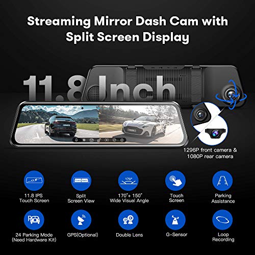 AZDOME Dual Lens Mirror Dash Cam, 11.8" 1296P Sony Split Screen Car