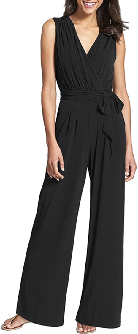 KAKALOT Women's Plus Size V Neck Ruched Sleeveless Jumpsuit Romper