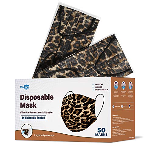 WECARE Disposable Face Mask Individually Wrapped 50 Pack, Leopard
