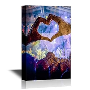 Concert Crowd Canvas Wall Art - Heart Shaped Hands at Concert, Loving The Artist and The Festival - Gallery Wrap Modern Home Art | Ready to Hang - 12x18 inches