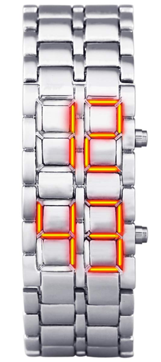 Women's Men's Watches Fashion Novelty Lava Red Blue LED Digital Stainless Steel Black Bracelet Watches, Silver, Digital