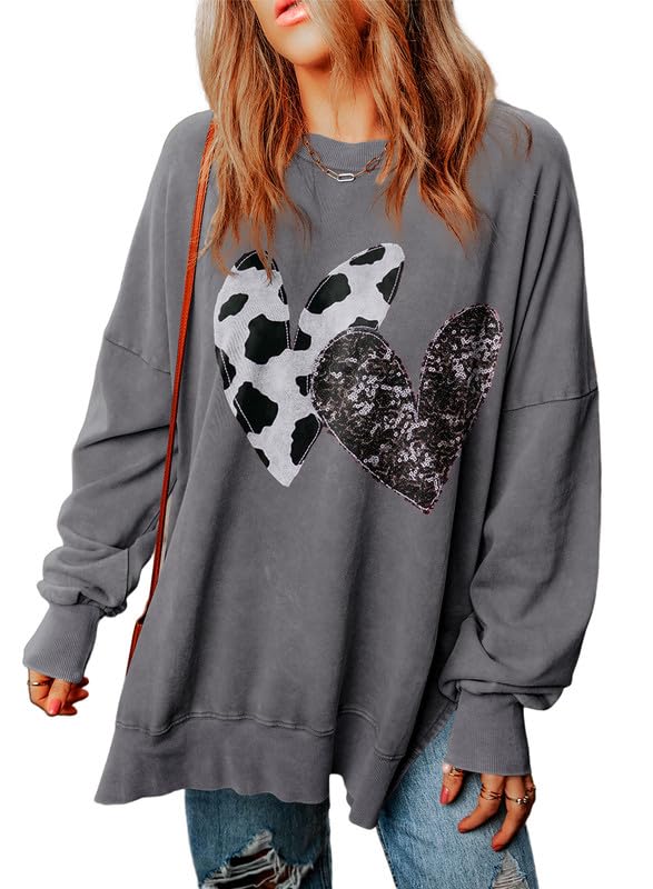 Photo 1 of SHEWIN Womens Fall Fashion 2024 Casual Crewneck Lightweight Pullover Sweatshirts Loose Long Sleeve Tops Oversized Sweatshirt for Women,US 12-14(L),Grey Heart