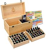 Essential Oil Box - Wooden Storage Chest With Handle & 2 Removable Trays. Holds 60 Bottles. Extra Space For Larger Items. Natural Wax Finish. Large Case Best For Keeping Your Oils Safe. Free EO Labels