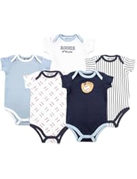 Luvable Friends Unisex Baby Cotton Bodysuits, Baseball Short Sleeve 5 Pack, 0-3 Months (3M)