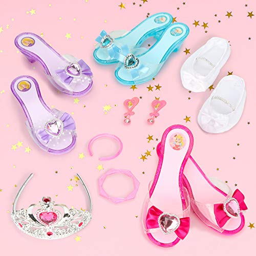 Princess Dress Up Shoes and Jewelry Boutique,Girls Role Play Shoes with Princess Jewelry, 4 Play Shoes with Fashion Accessories of Tiara Crown Earrings and Bracelets for Girls Aged 3 4 5 6 Years Old