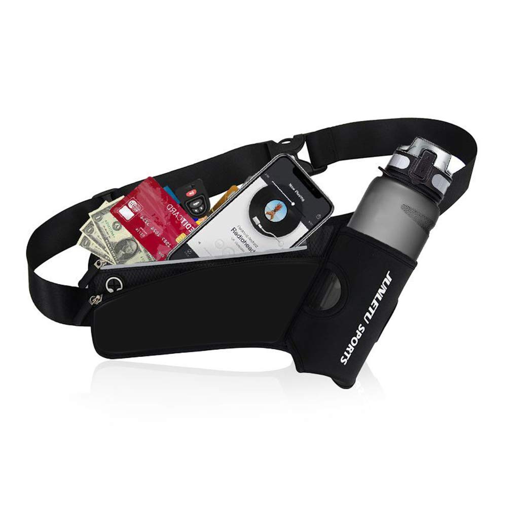 Running Belt with Water Bottle Holder Reflective BumBag Cycling Fanny Pack Fit 7" Cell Phone Waist Bag for Runner Marathon Fitness Hiking and Riding (black+grey)
