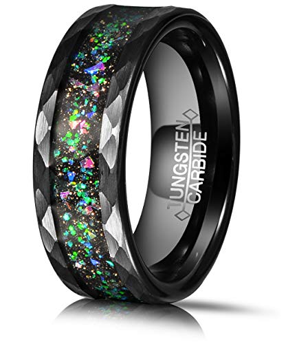Queenwish 8mm Black Hammered Tungsten Wedding Band Engagement Wedding Rings for Women and Men with Galaxy Series Colorful Opal Inlay Promise Ring Gifts with Jewelry Box Size 6