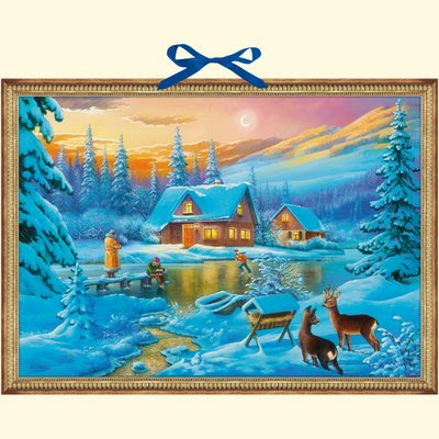 Coppenrath Adventskalender mit Wintermotiv, mit Schnee bedecktes Haus am See, Schlittschuhläufer und Hirsch, großer, traditio