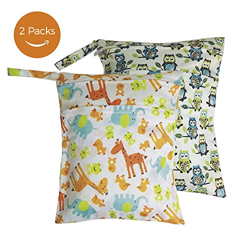 OFUN 2 Packs Baby Wet and Dry Bag for Cloth Diapers , Waterproof Travel Cloth Diaper Bag Nappy Organizer Bag with 2 Pocket