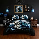 UEVBF Skull Gothic Comforter Set Twin Size with 2 Pillowcases. | Blue Rose Flower Comforter for Kids Boys Girls Home Decor,Halloween Horror Themed Bedding Set.