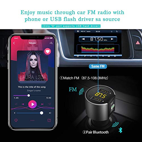 VR-robot Bluetooth FM Transmitter for Car, Wireless Bluetooth FM Radio Adapter Car Kit with Hands-Free Calling and 2 Ports USB Charger