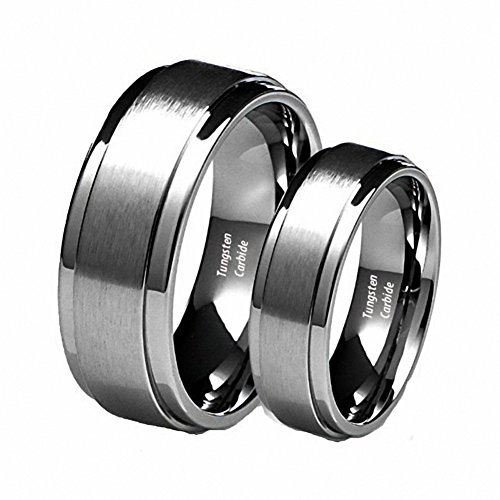 His & Her's 8MM/6MM Brushed Center Step Edge Tungsten Carbide Wedding Band Ring Set