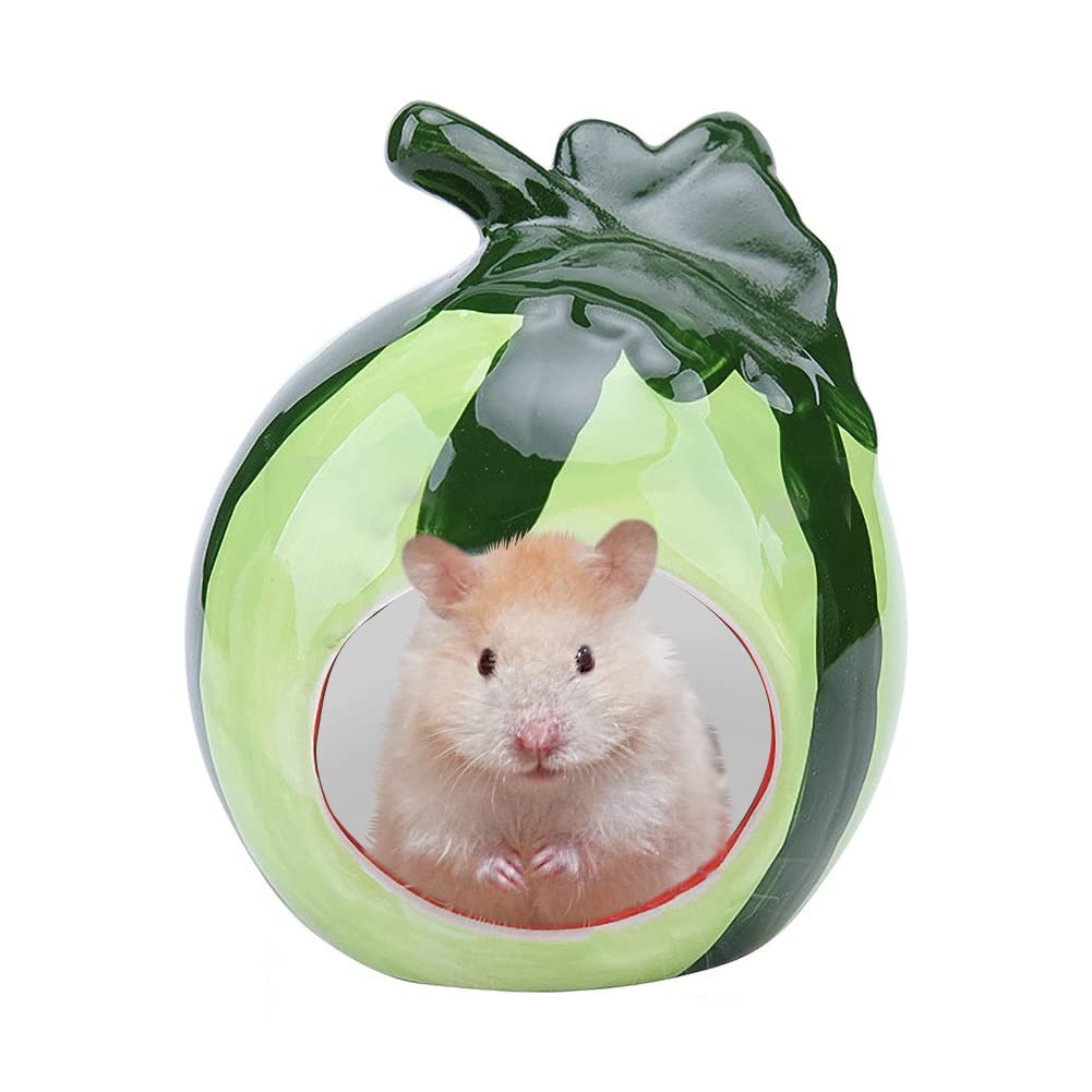 LaMure Ceramic Hamster House Cartoon Cute Fruit Shape Hamster Cave Summer Cool Off Winter Keeping Warm Small Animal Nest Habitat (melon)