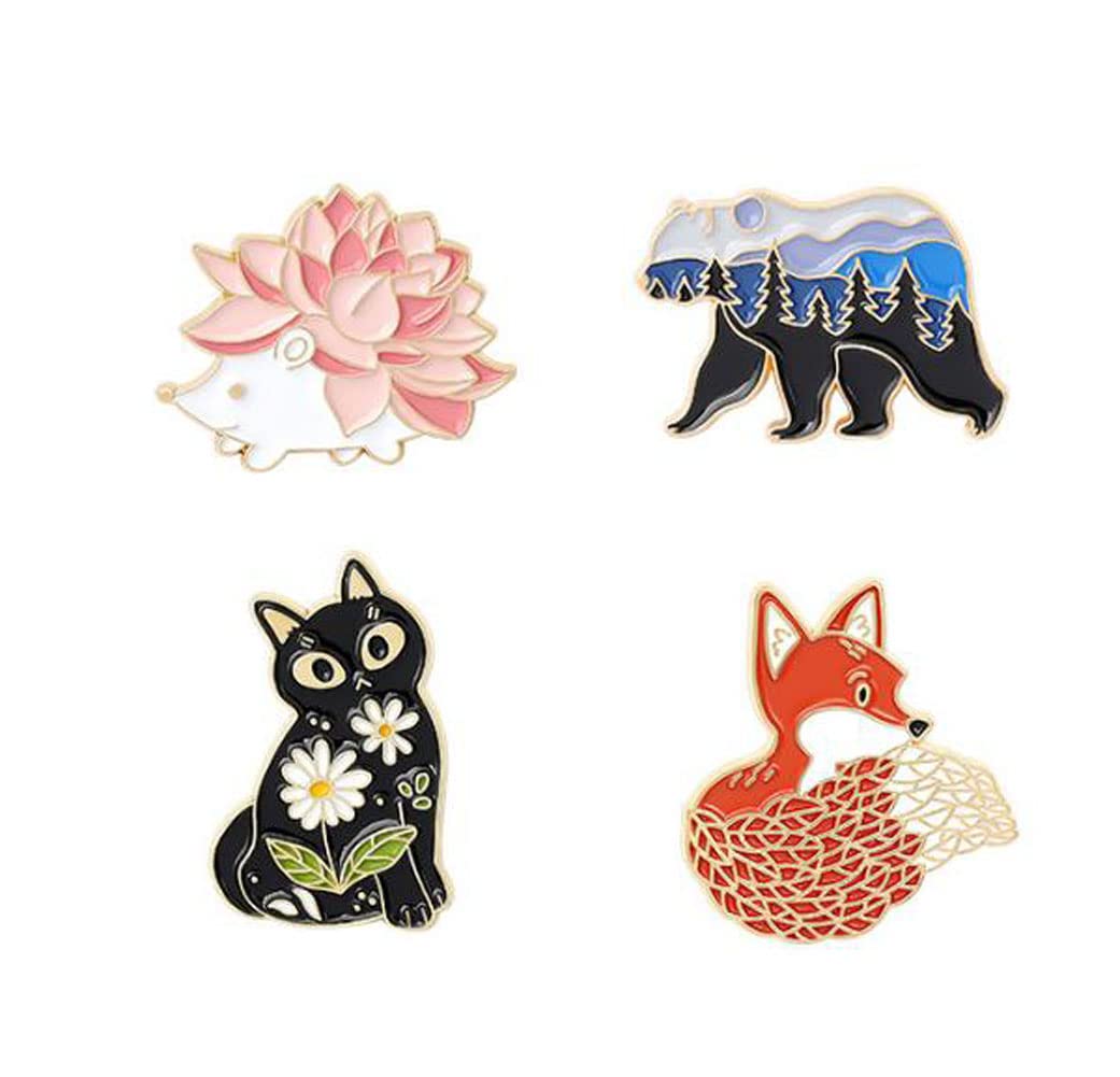 Animal Lapel Pins - 4 Piece Set: Fox, Hedgehog, Cat, Bear - Cute Enamel Cartoon Animal Badges for Backpacks, Clothes, Jackets, Pins, Brooches - Men, Women, Kids Gift
