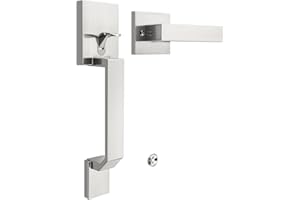 Tinewa Square Brushed Nickel Front Door Handle with Classic Door Lever, Upgrated Exterior Door Entry Handle No Lock, Reversible for Left & Right Handed