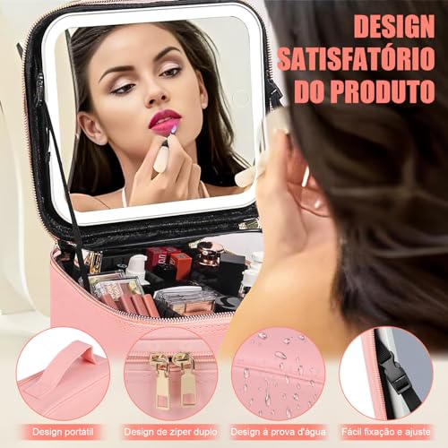 Gavzrt 26 * 23 * 10 cm Bolsa de Maquiagem com Espelho e Luz LED de 3 Cores, Maleta Organizadora Makeup Case Portátil, Bolsa de Maquiagem Grande de Viagem, Organizador de Maquillaje, Carregamento USB