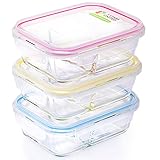Glass Food Storage 2-Compartment Containers - Divided Meal Prep Lunch Boxes - 3-Pack - Microwave, Freezer, Dishwasher Safe - Airtight Lids, Portion Control Set, 3 x 32 Oz