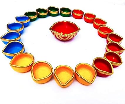 Divine Blessings Decorative Colourful Designer Clay Diyas for Navratri Puja & Diwali Decoration with Cotton Wicks (Set of 20 + 1 Chaumukhi Diya)