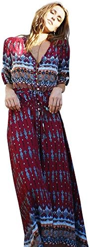 Clearance! ZOMUSA Women Floral Print Half Sleeve Tunic Bohemian Evening Party Dress (XL, Wine)