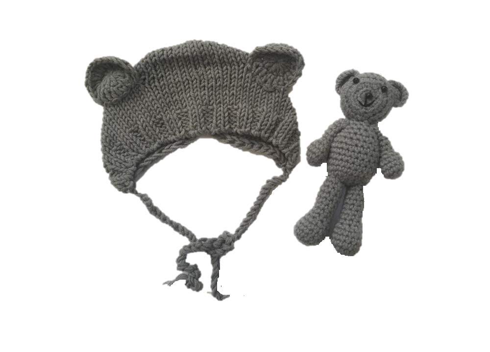 Matissa Newborn Baby Crochet Knit Costume Photography Prop Baby Bear Hat and Doll Set (Grey)