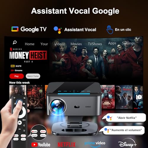 Projector 【1500 ANSI/Google TV/Auto Focus】 XIWBSY Portable Projector 38000 Lumens, Rotates 360°, WiFi 6 Bluetooth 5.3, Voice Control, Support 4K 1080P, Home/Outdoor Video Cinema Projectors