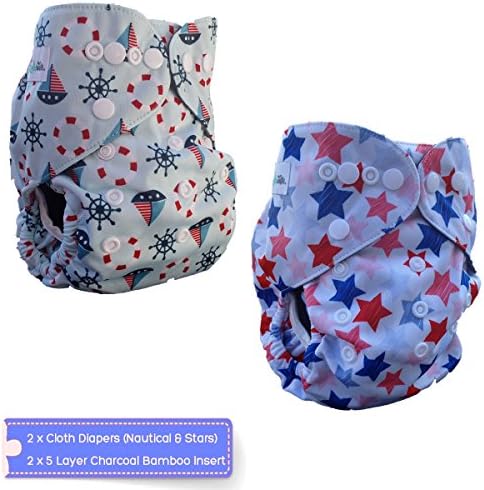 Baby Cloth Diapers (2 Pack) - Nautical &amp; Stars. Reusable Bamboo Pocket Diaper Cover + 5 Layer Inserts + eBOOK