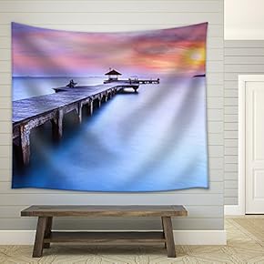 Wooded Bridge in The Port Between Sunrise. - Fabric Wall Tapestry Home Decor - 51x60 inches
