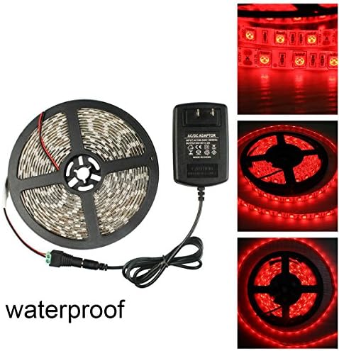 GALYGG Red SMD 5050 Waterproof LED Strip Lights with DC 12V 2A Power Adapter,16.4ft/5m 300 Units,Tape Light for Garden,Home,Kitchen,Car,Bar Lighting