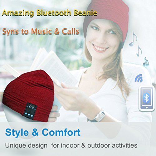 Qshell Winter Bluetooth Beanie Hat Cap with Stereo Speaker Headphones, Microphone, Hands Free and Rechargeable Battery - Compatible with Mobile Phones, iPhone, iPad, Tablets, Android Smartphones - Red