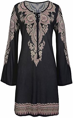 Women Boho Vintage Print Crisscross Bandage Casual Loose Bell Sleeve Mini Dress Sundress