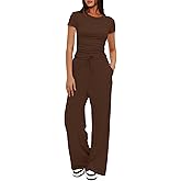 Darong Women's 2 Piece Set Outfits Lounge Sets Ruched Short Sleeve Tops High Waisted Wide Leg Pants Tracksuit Sets