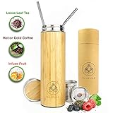 Ecofuse Bamboo Tea Tumbler Thermos for Loose Leaf Tea, Coffee Mug & Fruit Water w/Stainless Steel Infuser 18 oz. Insulated Travel Bottle. Reusable Stainless Steel Metal Straws Leak Proof BPA Free.