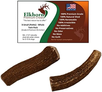X Small Whole Twin Pack (for 0-15 lb Dogs and Puppies) Premium Grade Elk Antlers for Dogs (2 Pieces) Sourced in The USA