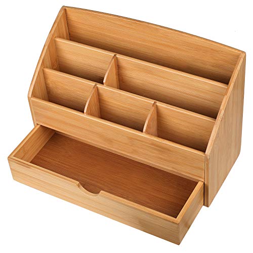 Hossejoy Bamboo Office Desk Organizer & Mail Rack with Storage Drawer - Desktop Mail Sorter for Office and Home - Keep Mail, Letters, Files, Office Supplies Neat & Organized