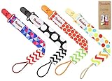FLASH SALE Pacifier Clip 4 Pack by Akeekah Unique 2 Sided Unisex Design Pacifier Holder for Boy and Girl Binky Leash with Plastic Clip Washable Perfect Baby Shower Gift