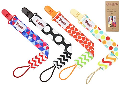 FLASH SALE Pacifier Clip 4 Pack by Akeekah Unique 2 Sided Unisex Design Pacifier Holder for Boy and Girl Binky Leash with Plastic Clip Washable Perfect Baby Shower Gift