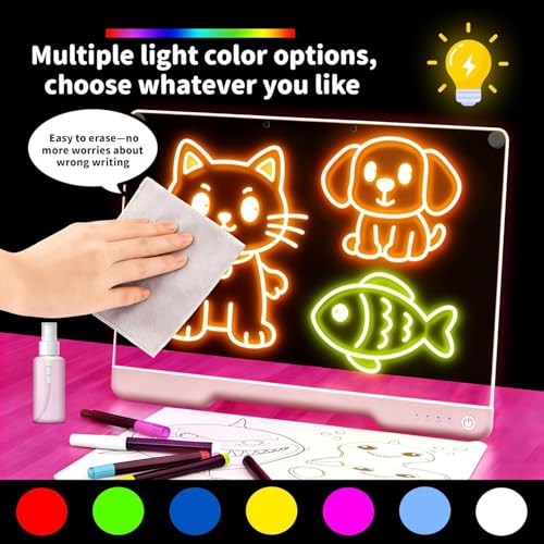 SLEEPHEAD® 16-Inch Rechargeable Doodle Glow LED Note Board, 7-Color Light Modes, Neon Art Dry Erase Light Up Drawing Pad with Built-in Stand, Sketching Gift Toy for Kids/Girls/Teens, 7 Markers & Traci