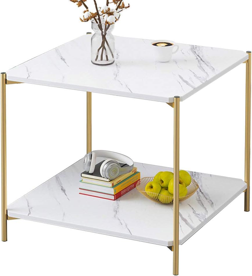 PAMBOO Coffee Table Small Table Marble Pattern Wooden Double Sofa Side Table Square Table Suitable for Living Room Office (Square, White)