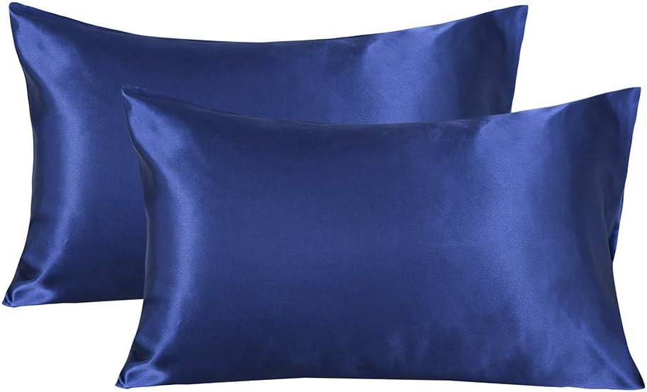 LANNOMO Satin Pillowcase for Hair and Skin with Envelope Closure | a Set of 2 Pack | Cool Smooth and Soft | King Size 20x40 - Navy Blue