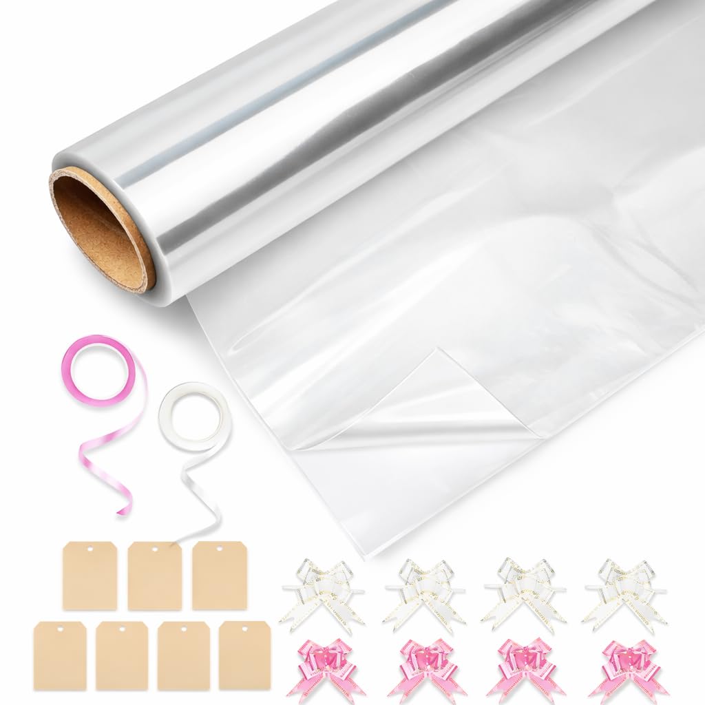 HURUC Clear Cellophane Wrap Roll 80cm x 30m – Extra Wide 2.5 Mil Wrapping Paper for Gift Wrapping, Florist Packing, Basket Hampers, Christmas & Birthday Gifts (Folded)