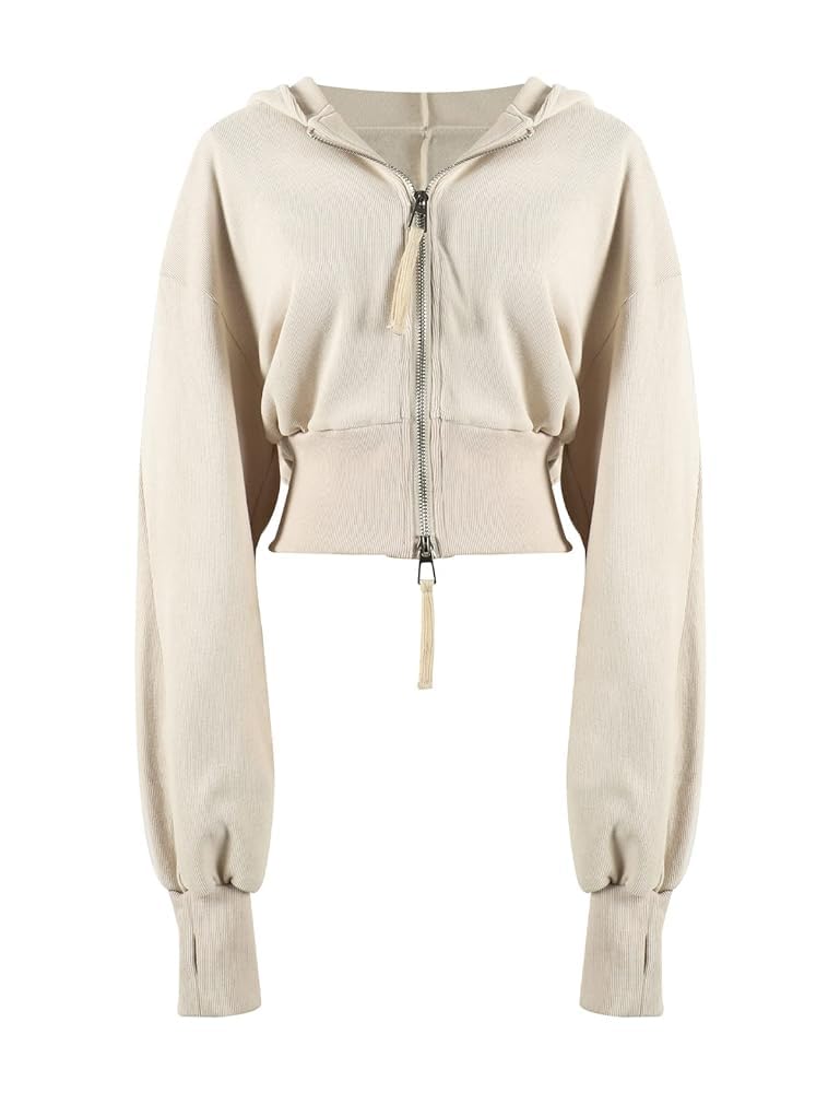 Photo 1 of Arssm Cropped Hoodie Women Long Sleeve Sweatshirts Casual Fashion Hooded Zip up Workout Jacket with Thumb Holes (Beige-S)