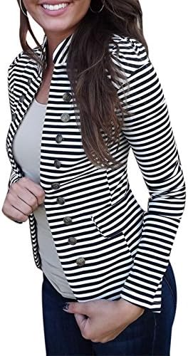 Yissang Women's Striped Decor Button Open Blazer Long Sleeve Black Small