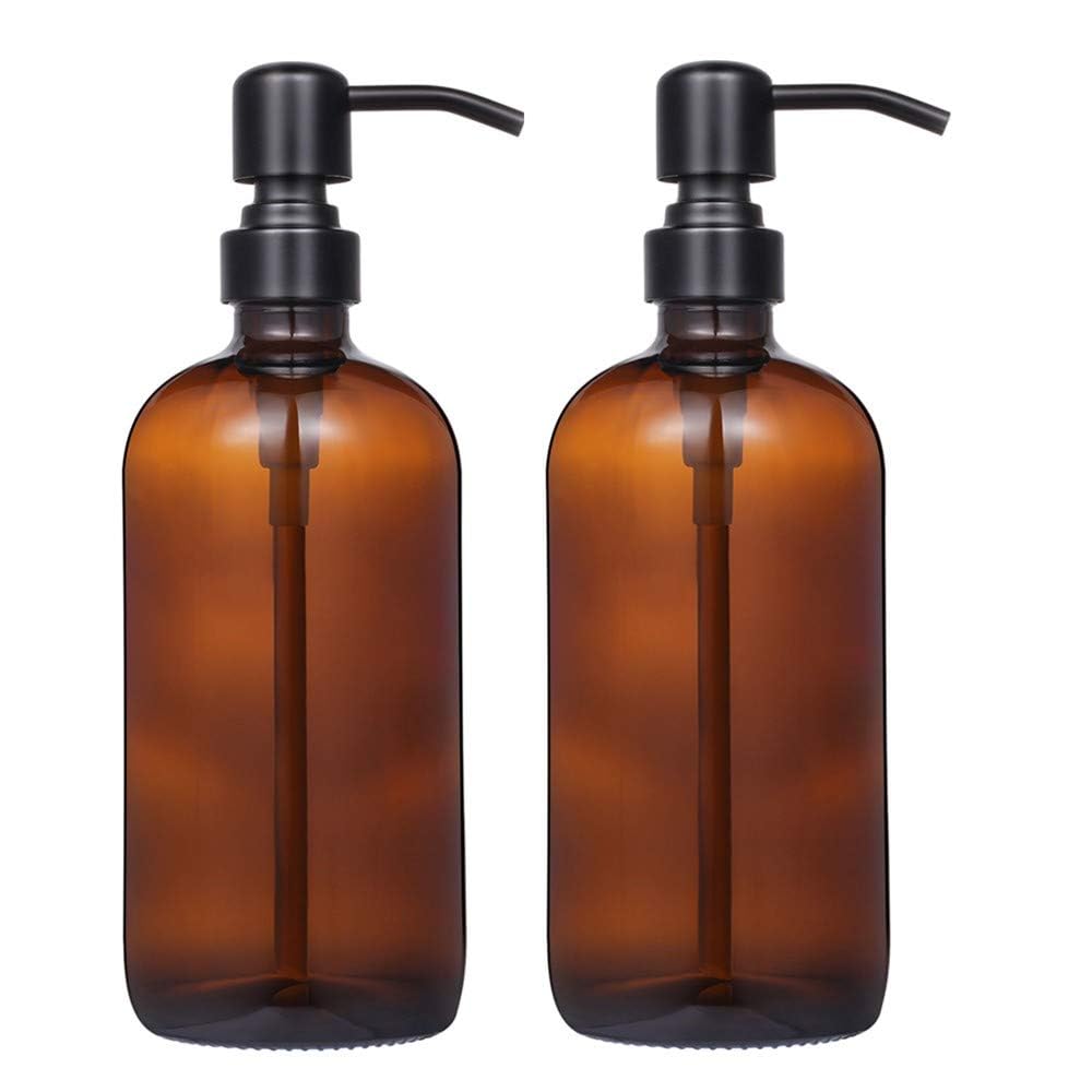 2 Pack Thick Amber Glass Pint Jar Soap Dispenser with Silver Stainless Steel Pump, 16ounce Boston Round Bottles Dispenser with Rustproof Pump for Essential Oil, Lotion Soap