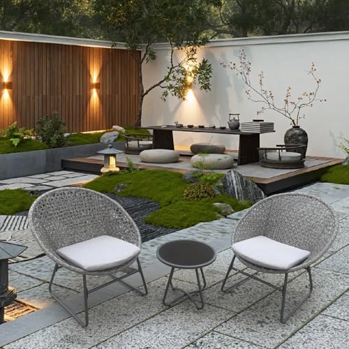 YIYAN 3 Pieces Outdoor Wicker Patio Conversation Bistro Set, All-Weather Rattan Patio Furniture Set with Table & Cushions, Outdoor Sectional Sofa for Patio, Balcony, Backyard, Deck(Light Grey)