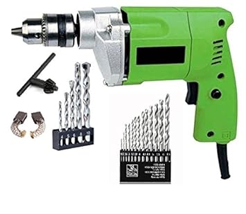 SAIFPRO Half Metal Body and Plastic 10mm Drill Machine with Wall Bits Set and HSS Bit Set (Green, Blue and Red)