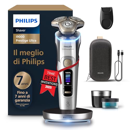 Philips Shaver i9000 Prestige Ultra, rasoio elettrico Wet & Dry, tecnologia Skin IQ Pro, triplo sistema di sollevamento e taglio, lame di precisione NanoTech 360º, 5 modalità di rasatura, XP9404/31